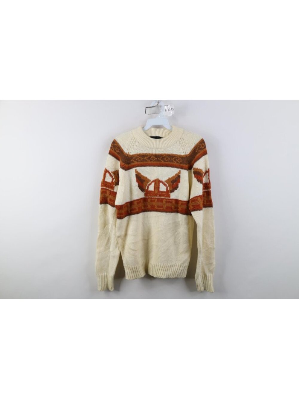 Vintage 70s Streetwear Womens Medium Fair Isle Viking Helmet Knit Sweater Cream